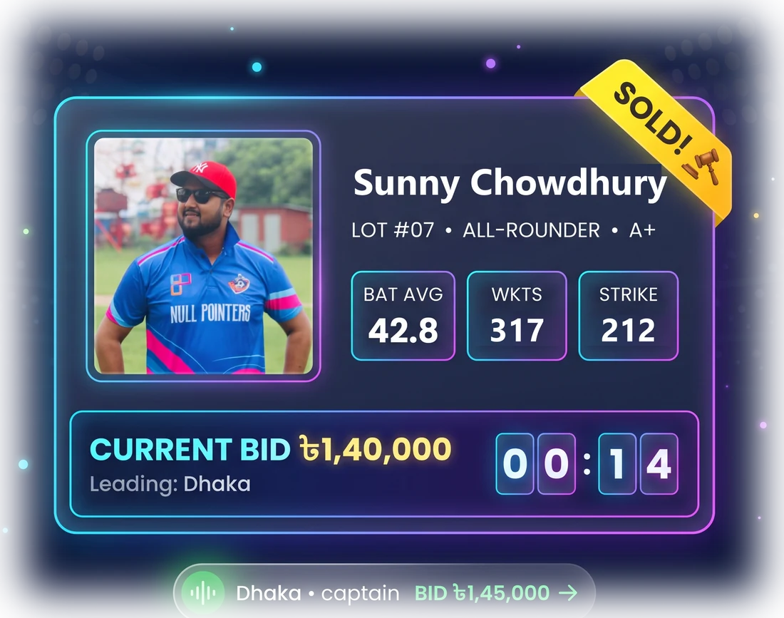 AuctionBall live auction card — player sold with current bid and captain's counter-offer